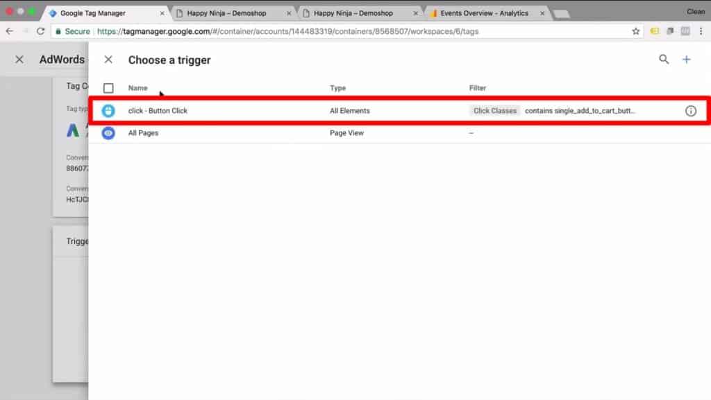 Screenshot for selecting a trigger for tracking the AdWords tag