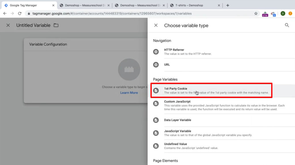 Screenshot of Google Tag Manager showing 1st Party Cookie as the selected variable type. 