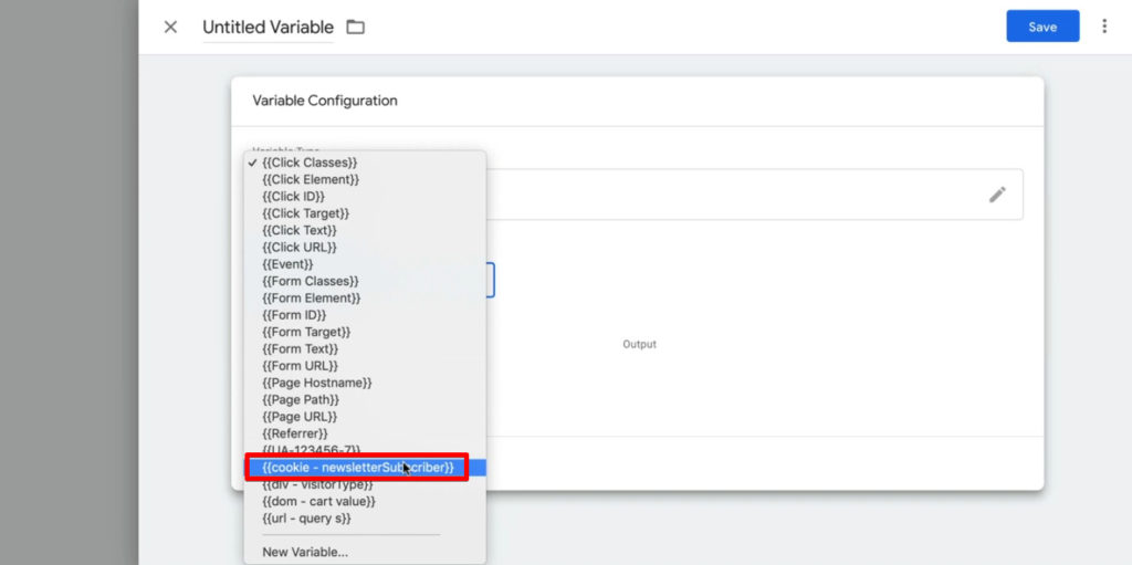 Screenshot of Google Tag Manager showing cookies as the chosen variable in the variable dropdown. 