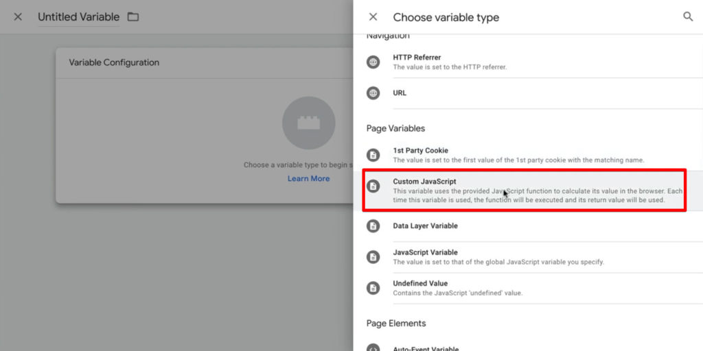 Screenshot of Google Tag Manager showing the Custom JavaScript variable as the variable type. 