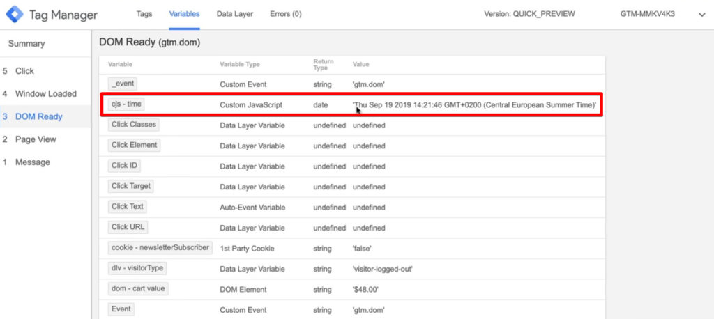 Screenshot of Google Tag Manager showing variable of the type date with the actual current, date and time.