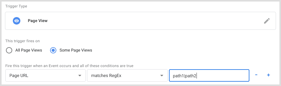 Google Tag Manager trigger configuration with page view trigger that fires when page URL matches RegEx path1|path2