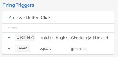 Google Tag Manager preview console with button click tag fired