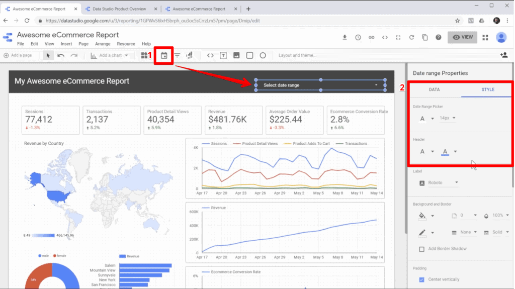 Screenshot of report in Google Data Studio with date filter button and sidebar style editor highlighted, with an arrow from the date filter button to a date filter element on the report