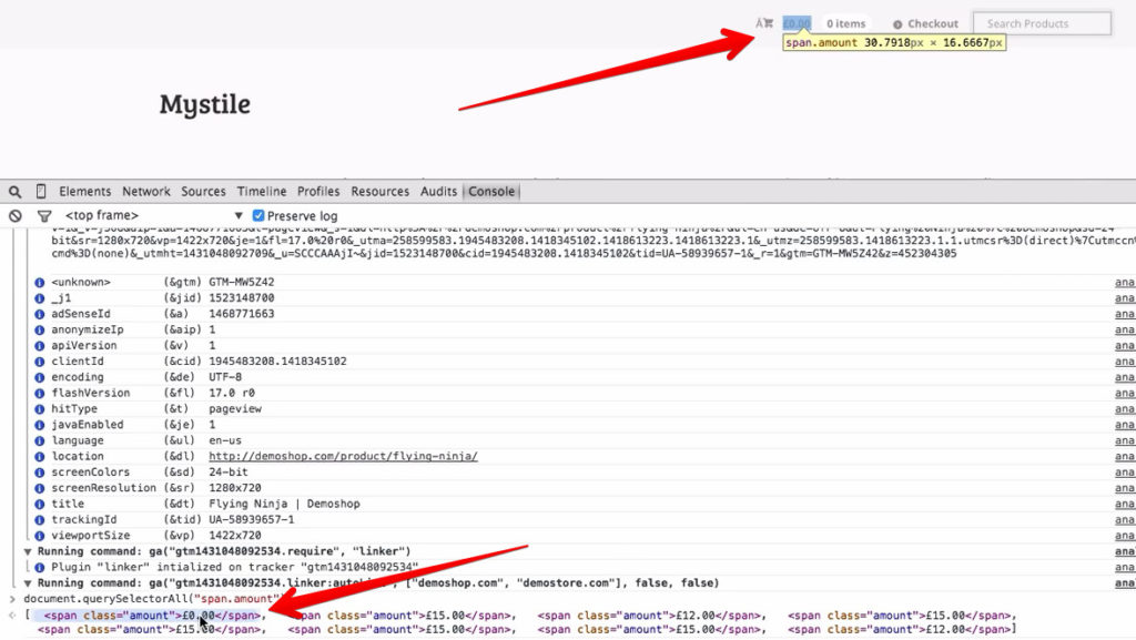 Screenshot of Chrome Dev Tools showing multiple span amounts visible on a page