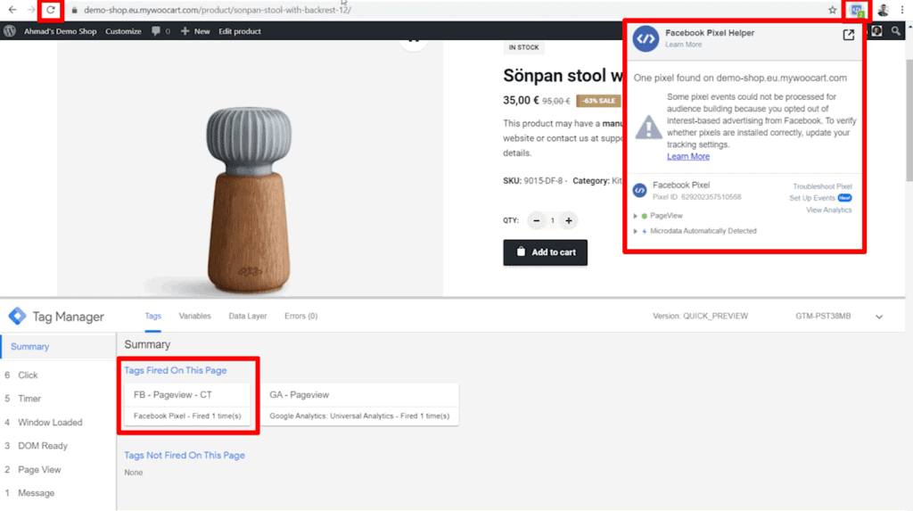 Screenshot of shop page with pageview tag recorded in Google Tag Manager and Facebook Pixel Helper