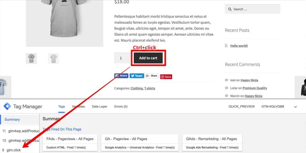 Demo website with Add to Cart button highlighted and Ctrl+click text, arrow pointing to gtm.click event in GTM Preview console