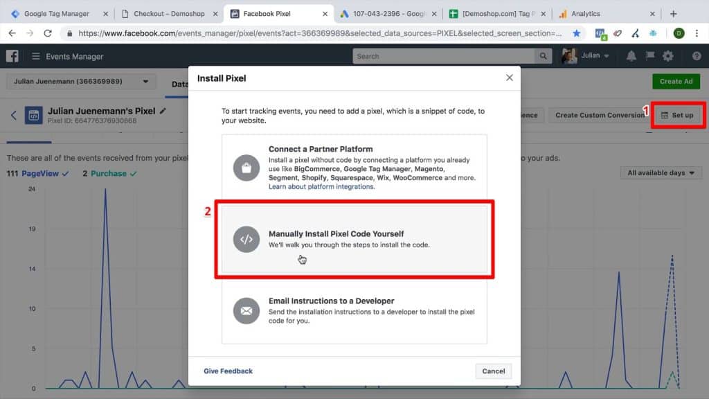 Facebook Events Manager with Set up and Install Pixel popup with Manually Install Pixel Code Yourself highlighted