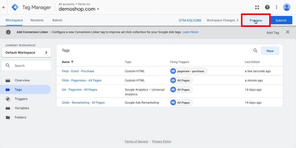 GTM Workspace with Facebook Ads Tags and Preview button highlighted