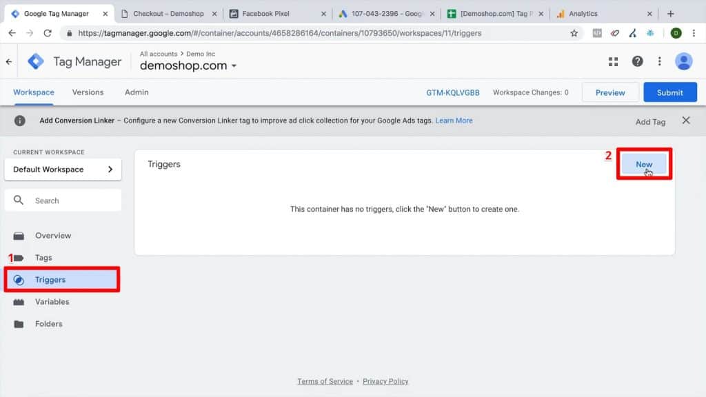 GTM Workspace with Triggers heading and New button highlighted