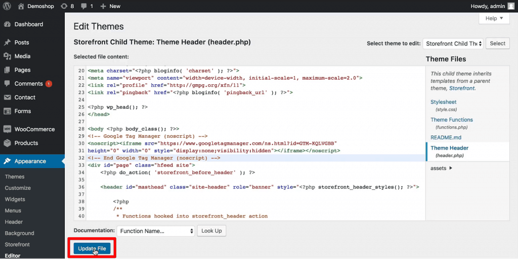 WordPress dashboard Appearance Editor with Update File button highlighted