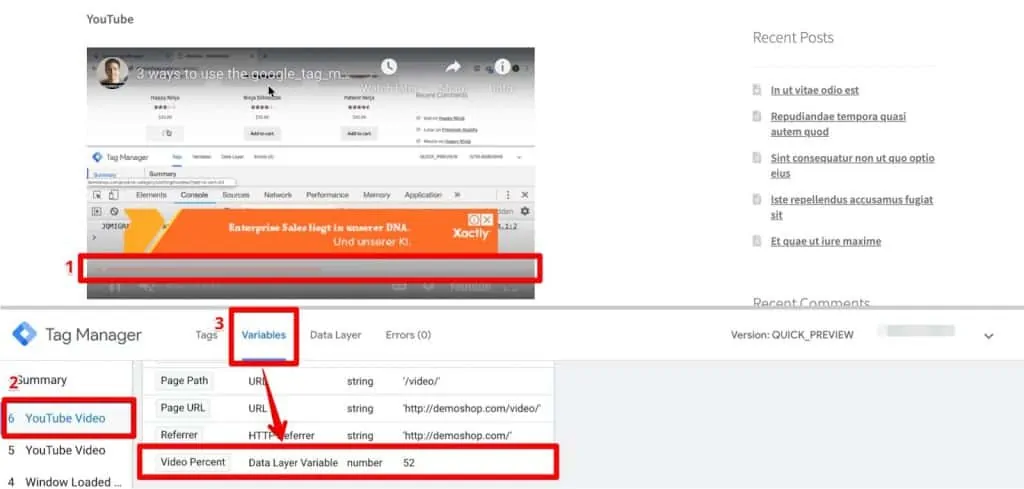 Demo website in GTM Preview and Debug mode with YouTube Video event, Variables tab, and Video Percent variable at 52 highlighted