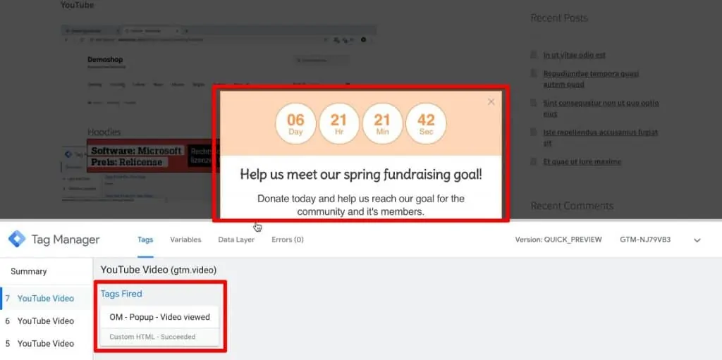 Demo website in GTM Preview and Debug mode with popup Tag fired and popup on website after video view