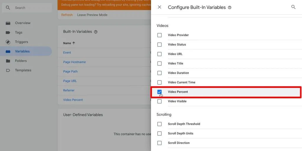 Google Tag Manager Configure Built-In Variables with Video Percent box checked