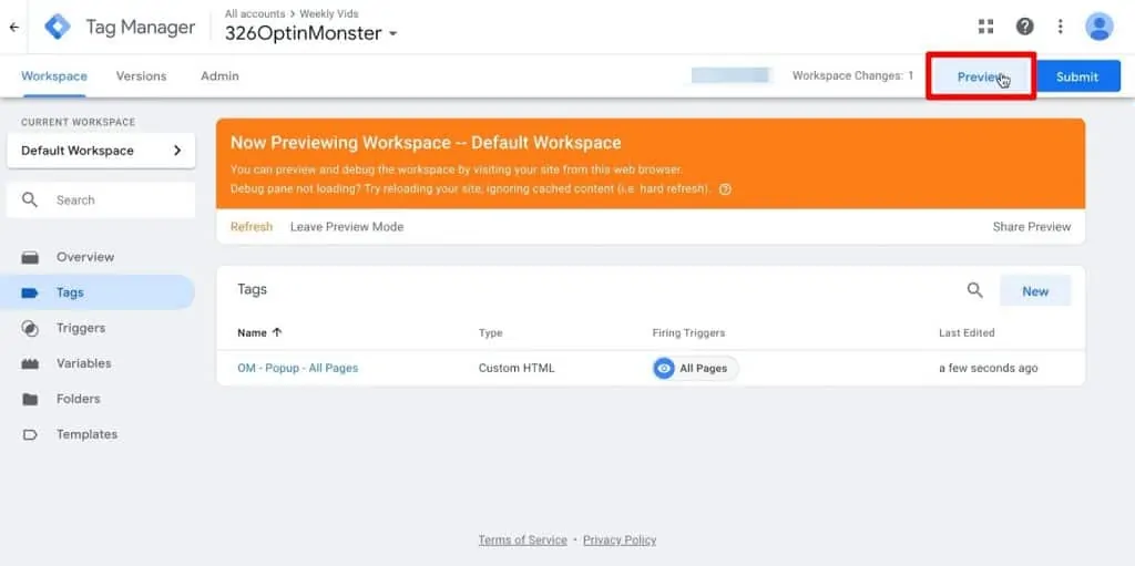 Google Tag Manager dashboard with Preview button highlighted