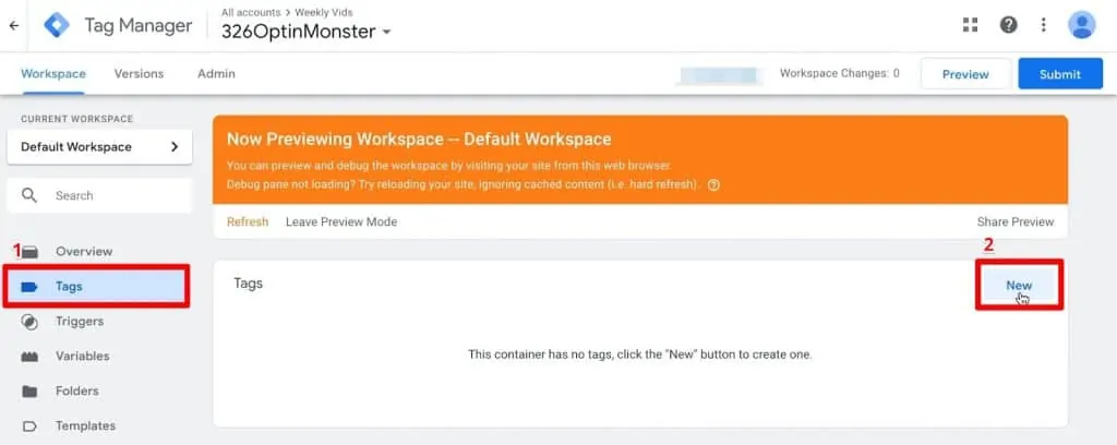 Google Tag Manager dashboard with Tags header and New button highlighted