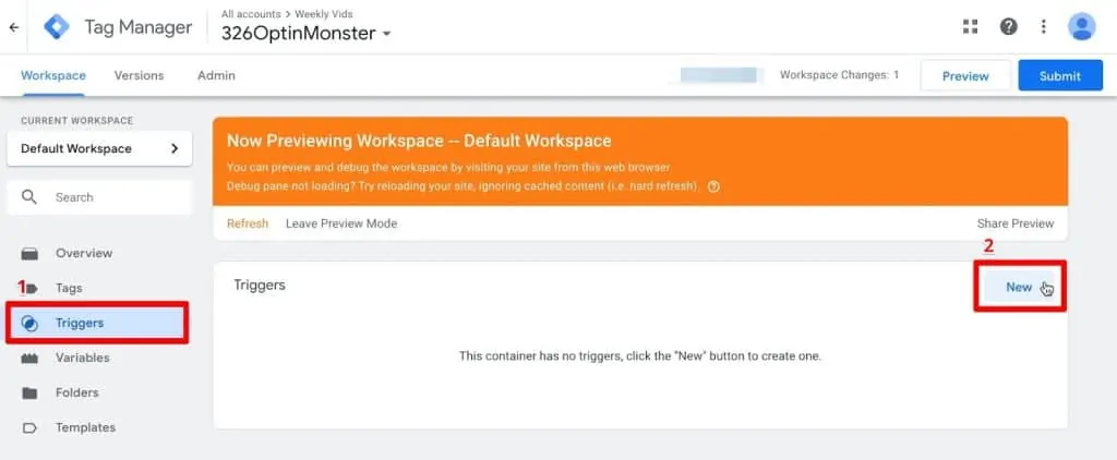 Google Tag Manager dashboard with Triggers header and New button highlighted
