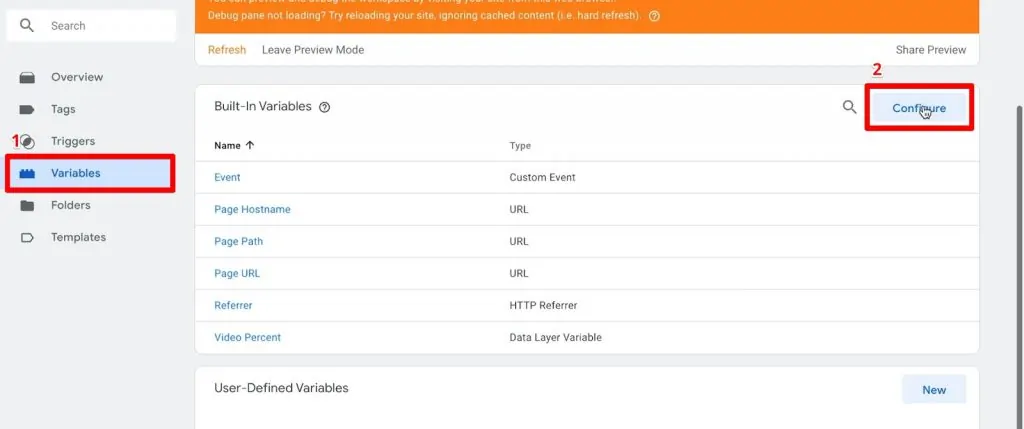 Google Tag Manager dashboard with Variables header and Configure button highlighted