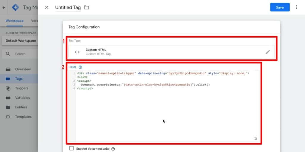 Google Tag Manager tag configuration with Custom HTML tag type and HTML field highlighted