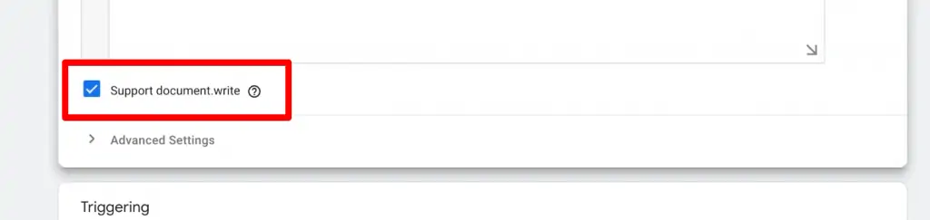 Google Tag Manager tag configuration with Support document write box checked