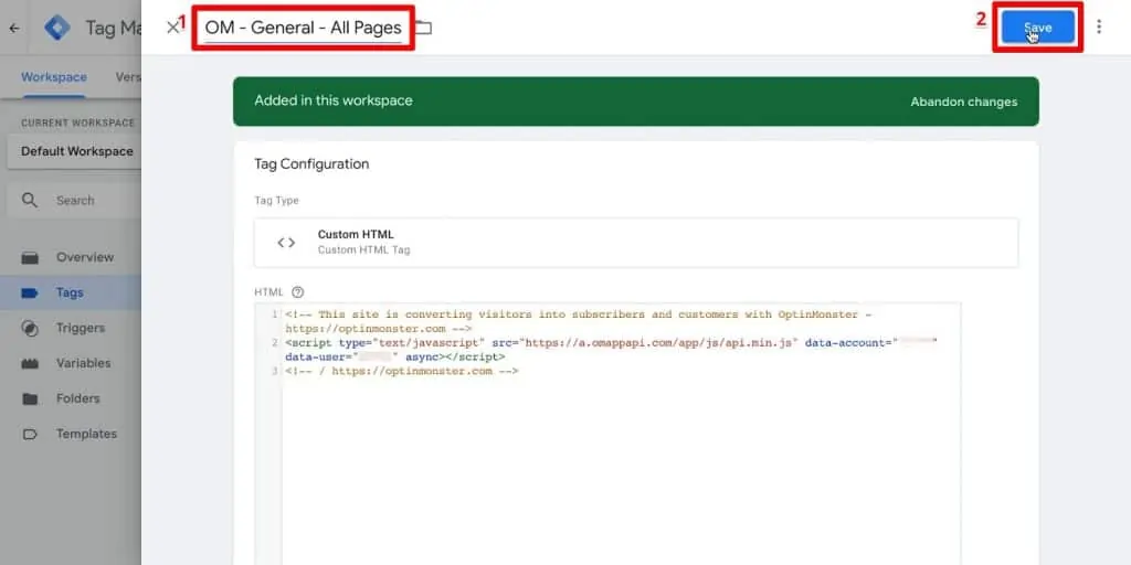 Google Tag Manager tag configuration with name OM - General - All Pages and Save button highlighted