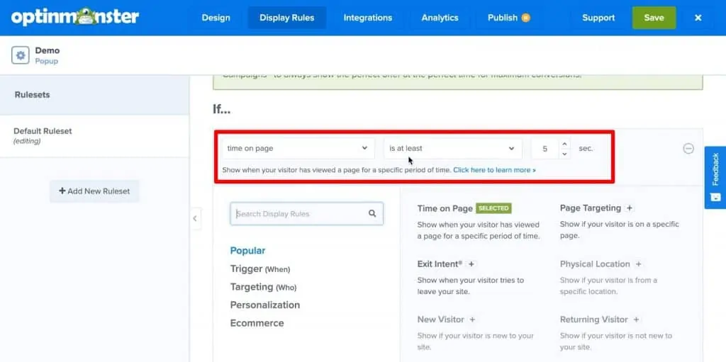 OptinMonster Display Rules rulesets with time on page is at least 5 sec