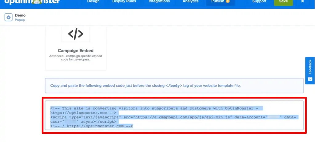OptinMonster Publish platform settings with embed code highlighted