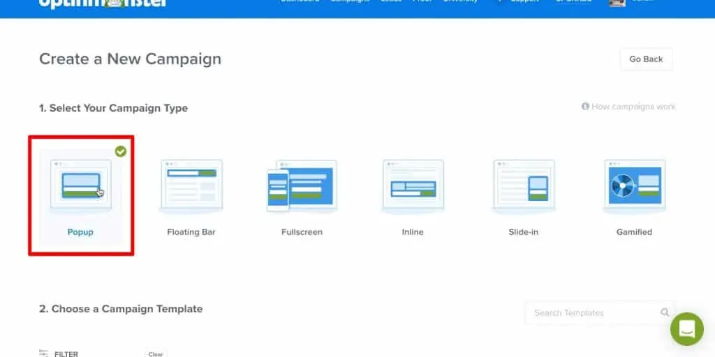 OptinMonster campaign creation with Popup campaign type highlighted