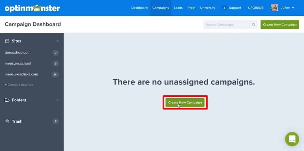 OptinMonster campaign dashboard with Create New Campaign button highlighted