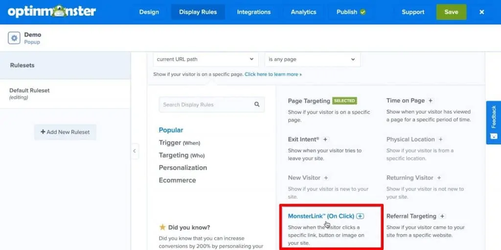 OptinMonster popup campaign display rules with MonsterLink (On Click) rule button highlighted