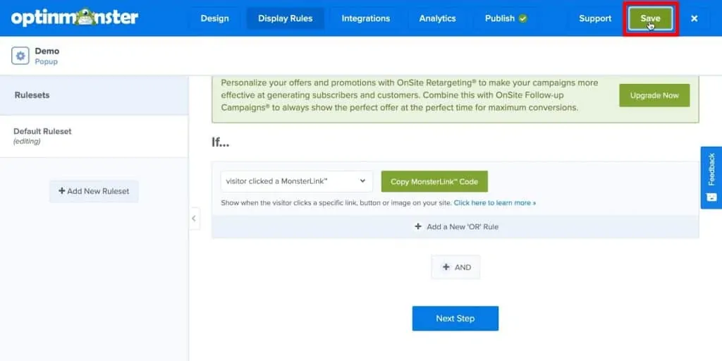 OptinMonster popup campaign display rules with Save button highlighted