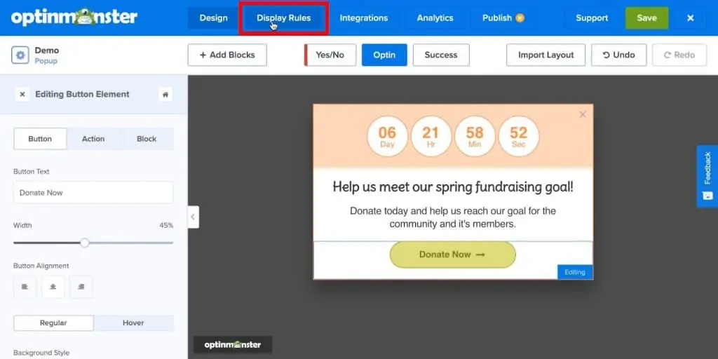 OptinMonster popup campaign editor with Display Rules button highlighted