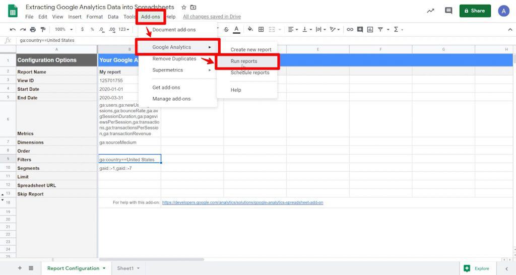 Google Sheets report with Add-ons button, Google Analytics option, and Run reports option highlighted