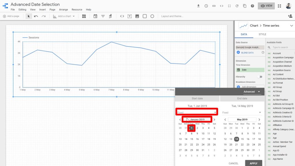 January 1, 2019 being picked as the preferred date and the Fixed date type being highlighted