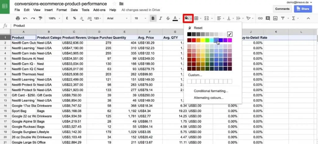 Change the background color of the header row in Google Sheets