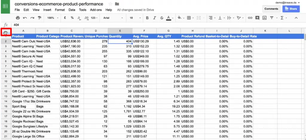 Freezing the header column in Google Sheets