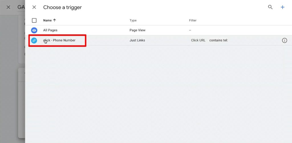 Choose the Phone Number Click trigger to link it to the Google Analytics Tag