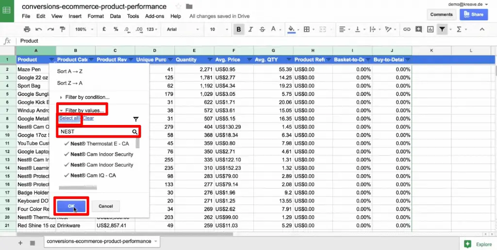 Using search box to filter a column by values in Google Sheets