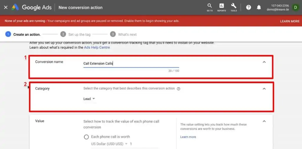 Giving a conversion name and selecting the category of a new conversion action in Google Ads