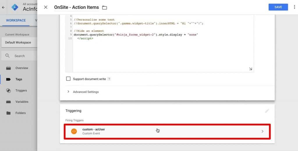 Attaching the custom - acUser trigger to the OnSite - Action Items Tag in Google Tag Manager