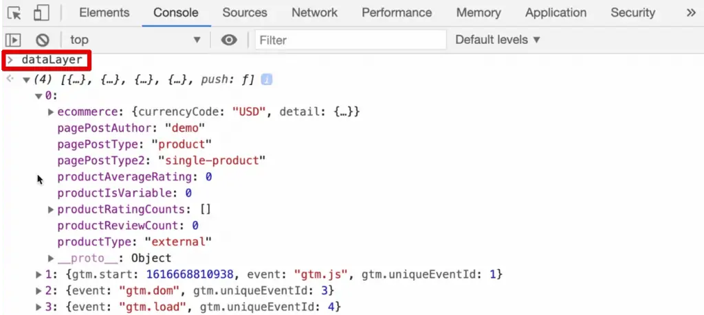 Accessing the data layer using Console on the demo store web page