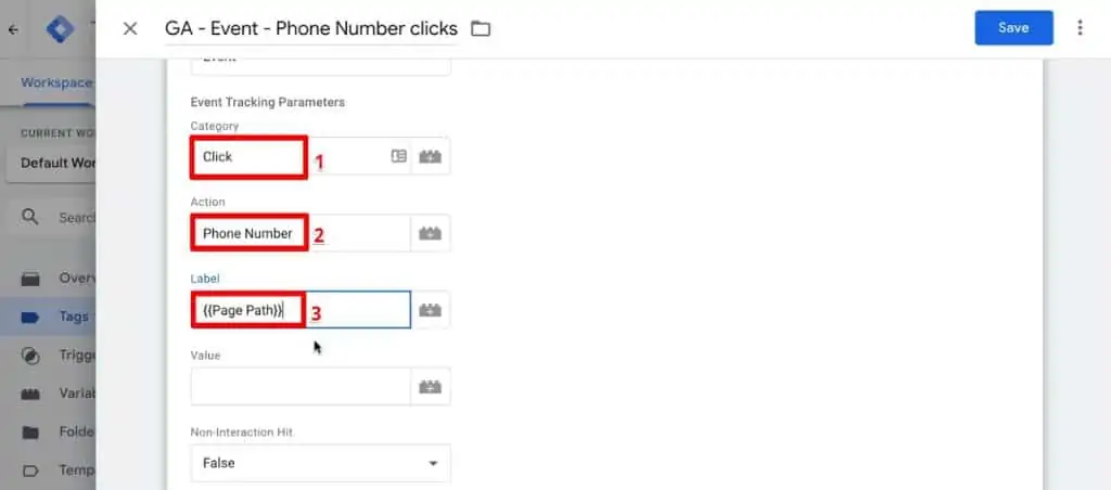 Adding Event Tracking Parameters for a phone number click tracking Google Analytics Tag