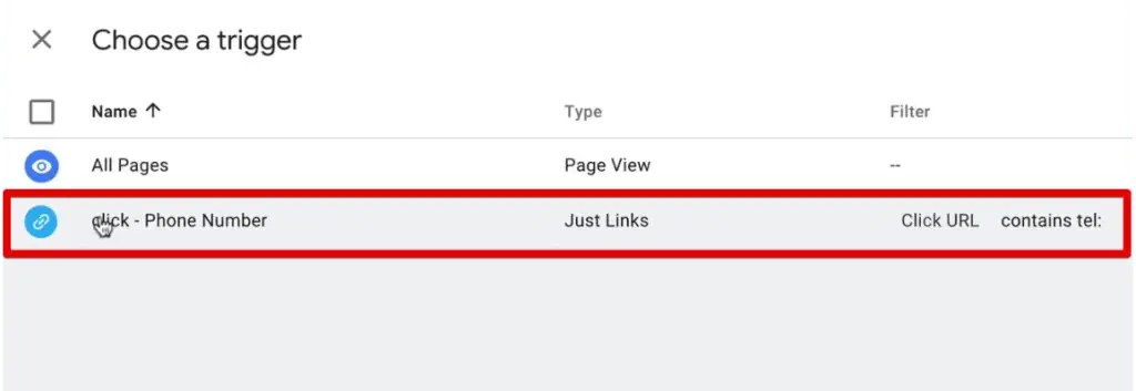 Choose the Phone Number Click trigger to link it to the Google Analytics Tag