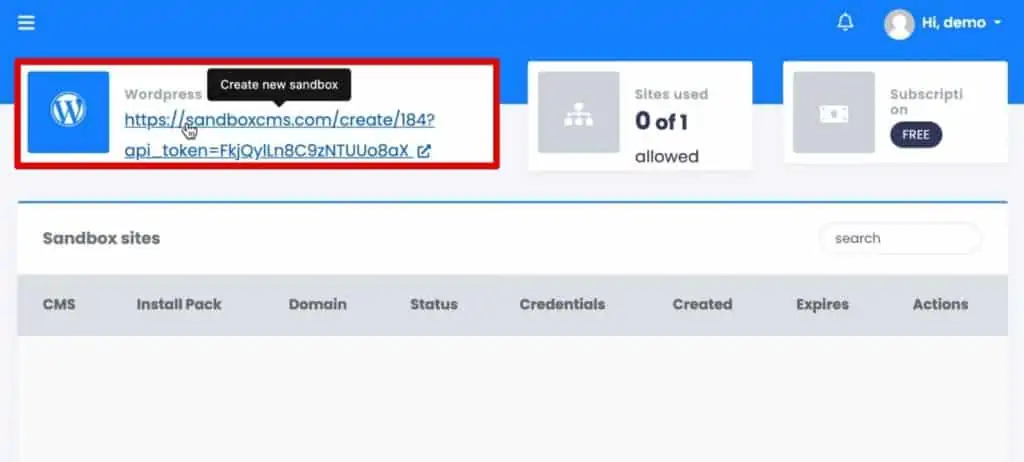 Creating a new WordPress instance using Sandbox CMS
