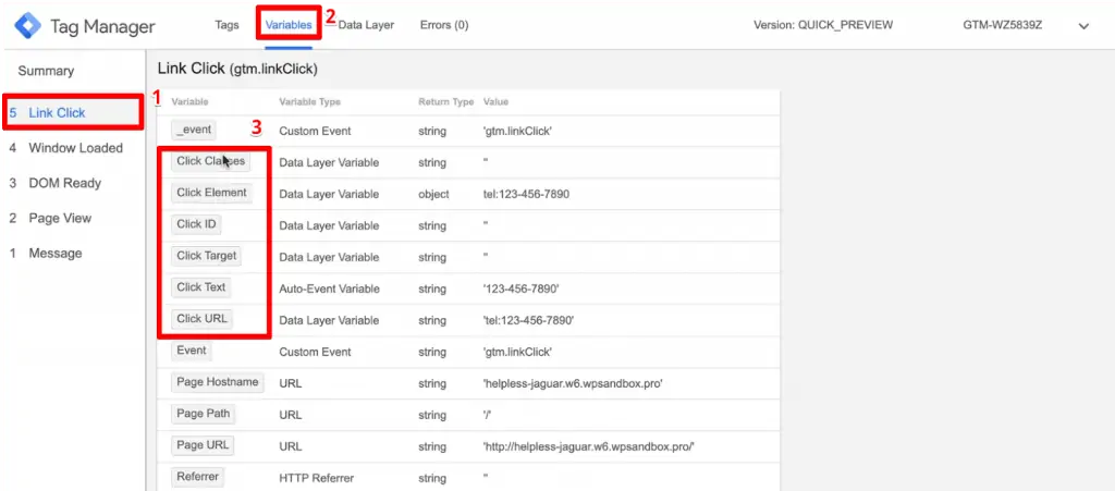 Link Click summary in the preview panel of Google Tag Manager