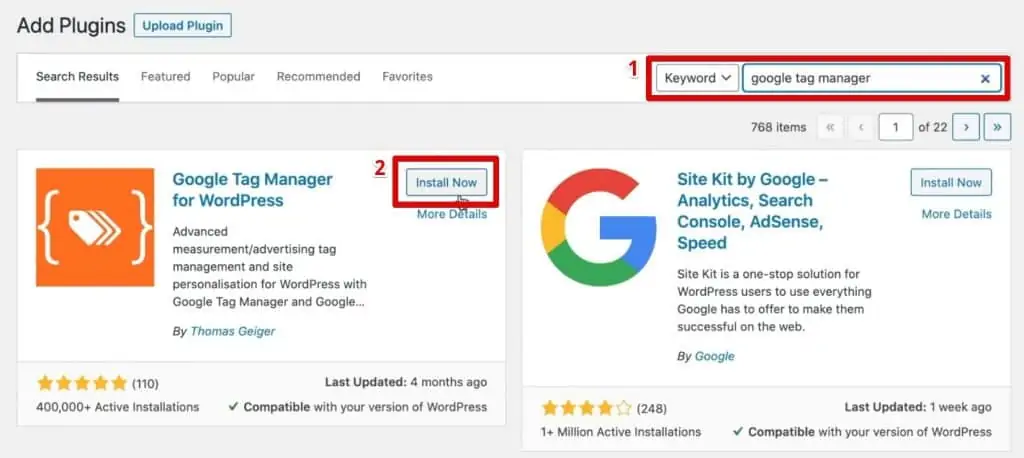 Selecting and installing Google Tag Manager for WordPress on the demo store