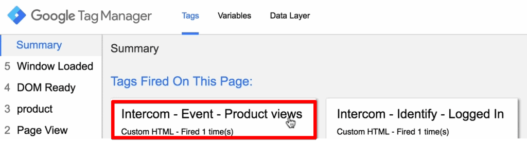 Intercom event tracking Tag has fired in Google Tag Manager
