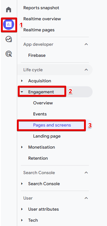 Navigating to the Pages and screens report in Google Analytics