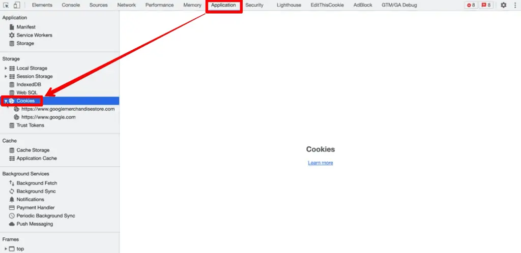 Developer Tools Application tab with Cookies waterfall menu in sidebar highlighted under Storage