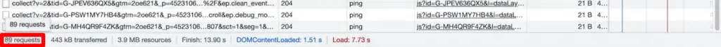 Developer Tools Network tab with total number of requests highlighted in bottom left corner